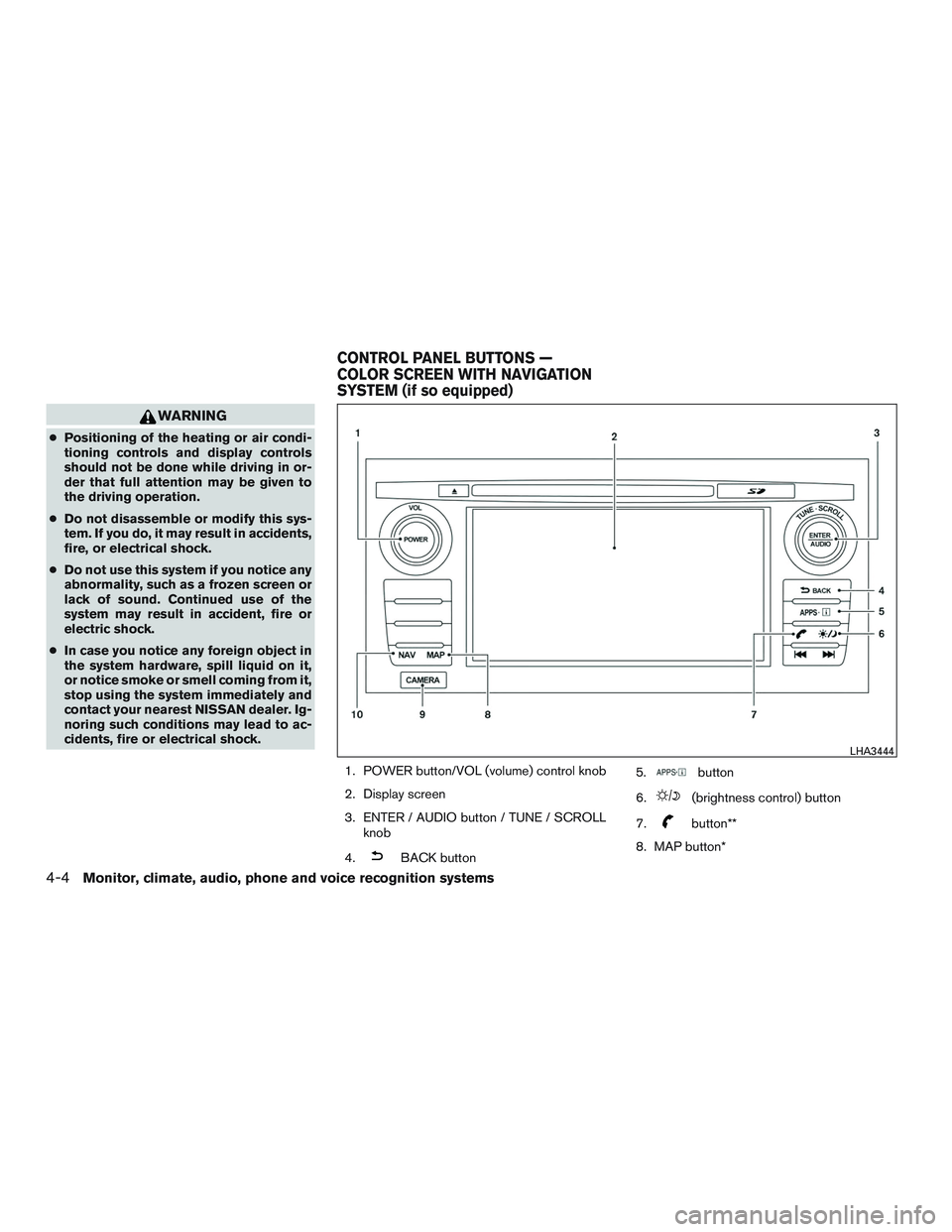 NISSAN ALTIMA SEDAN 2015  Owners Manual WARNING
●Positioning of the heating or air condi-
tioning controls and display controls
should not be done while driving in or-
der that full attention may be given to
the driving operation.
● Do 