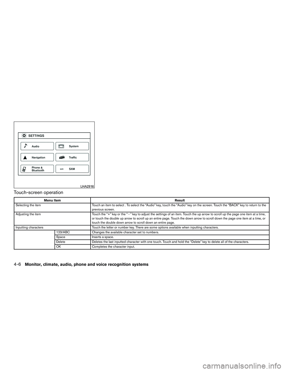 NISSAN ALTIMA SEDAN 2015  Owners Manual Touch-screen operation
Menu ItemResult
Selecting the item Touch an item to select . To select the “Audio” key, touch the “Audio” key on the screen. Touch the “BACK” key to return to the
pr