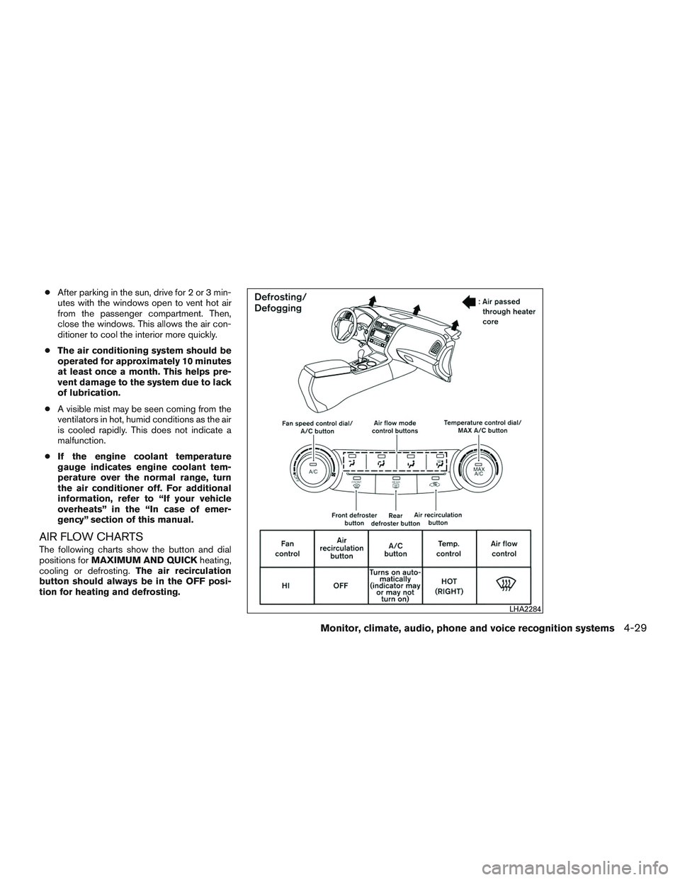 NISSAN ALTIMA SEDAN 2015  Owners Manual ●After parking in the sun, drive for 2 or 3 min-
utes with the windows open to vent hot air
from the passenger compartment. Then,
close the windows. This allows the air con-
ditioner to cool the int