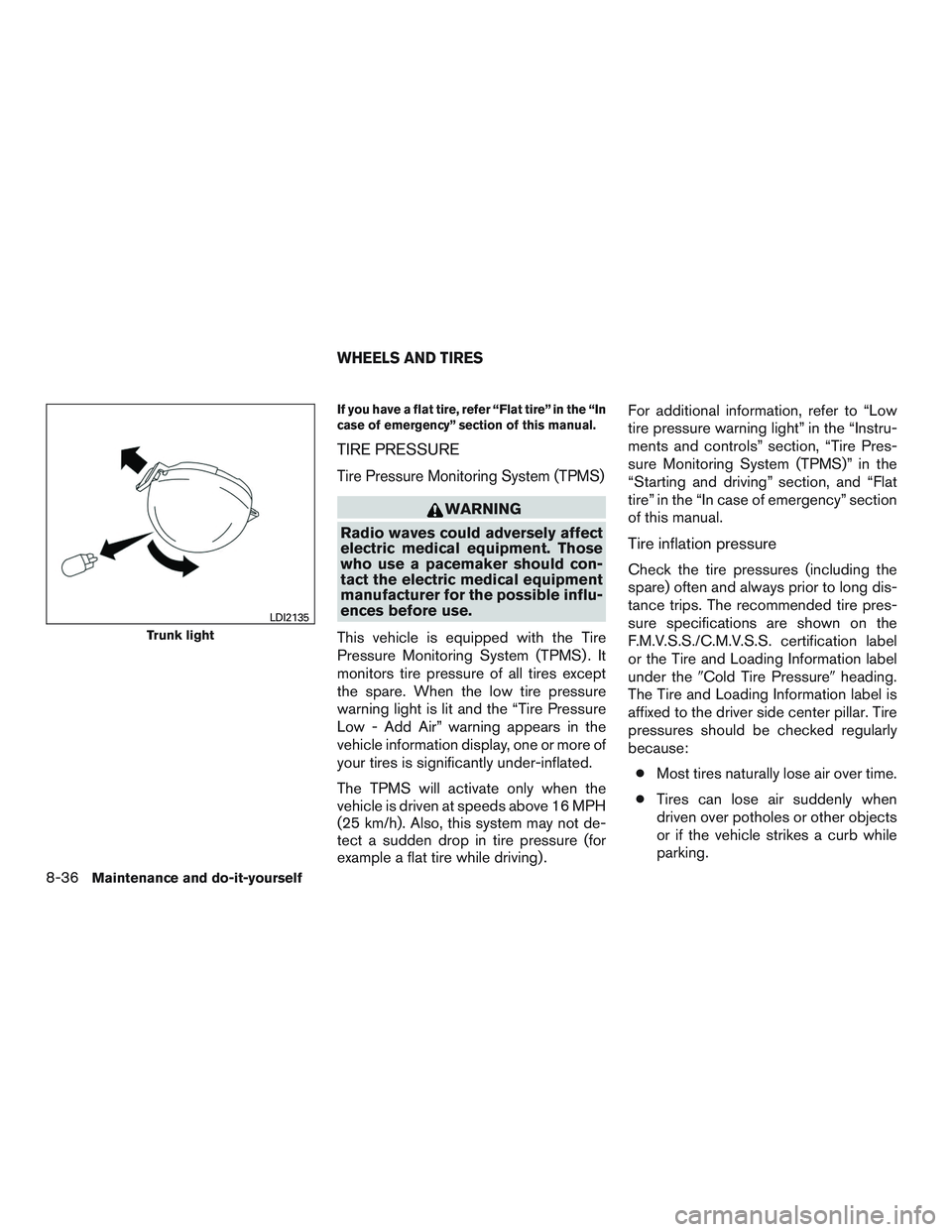 NISSAN ALTIMA SEDAN 2015  Owners Manual If you have a flat tire, refer “Flat tire” in the “In
case of emergency” section of this manual.
TIRE PRESSURE
Tire Pressure Monitoring System (TPMS)
WARNING
Radio waves could adversely affect