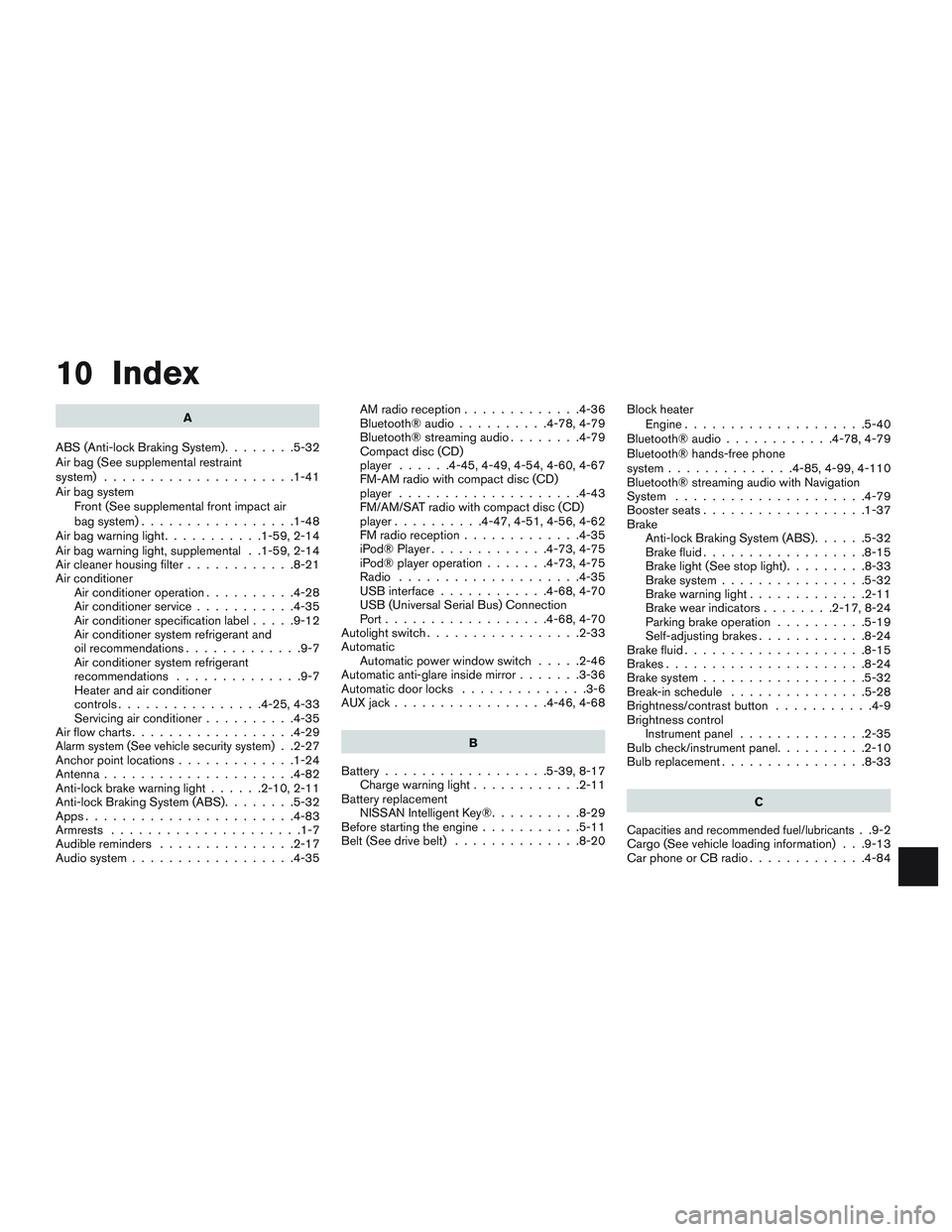 NISSAN ALTIMA SEDAN 2015 Owners Manual 10 Index
A
ABS (Anti-lock Braking System) ........5-32
Air bag (See supplemental restraint
system) .....................1-41
Air bag system Front (See supplemental front impact air
bag system) ....... NISSAN ALTIMA SEDAN 2015 Owners Manual 10 Index
A
ABS (Anti-lock Braking System) ........5-32
Air bag (See supplemental restraint
system) .....................1-41
Air bag system Front (See supplemental front impact air
bag system) .......