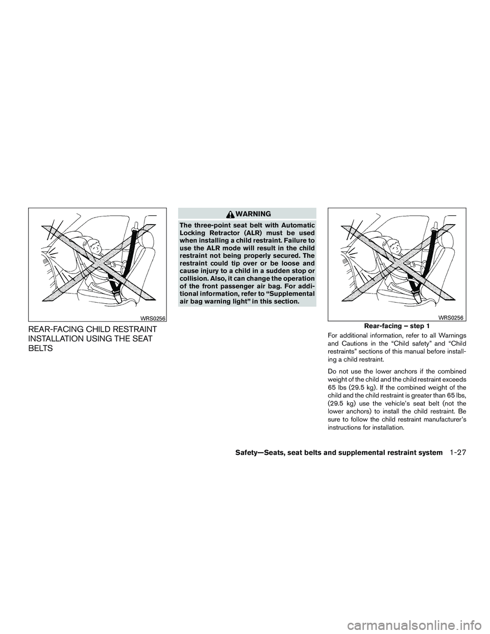 NISSAN ALTIMA SEDAN 2015 Service Manual REAR-FACING CHILD RESTRAINT
INSTALLATION USING THE SEAT
BELTS
WARNING
The three-point seat belt with Automatic
Locking Retractor (ALR) must be used
when installing a child restraint. Failure to
use th