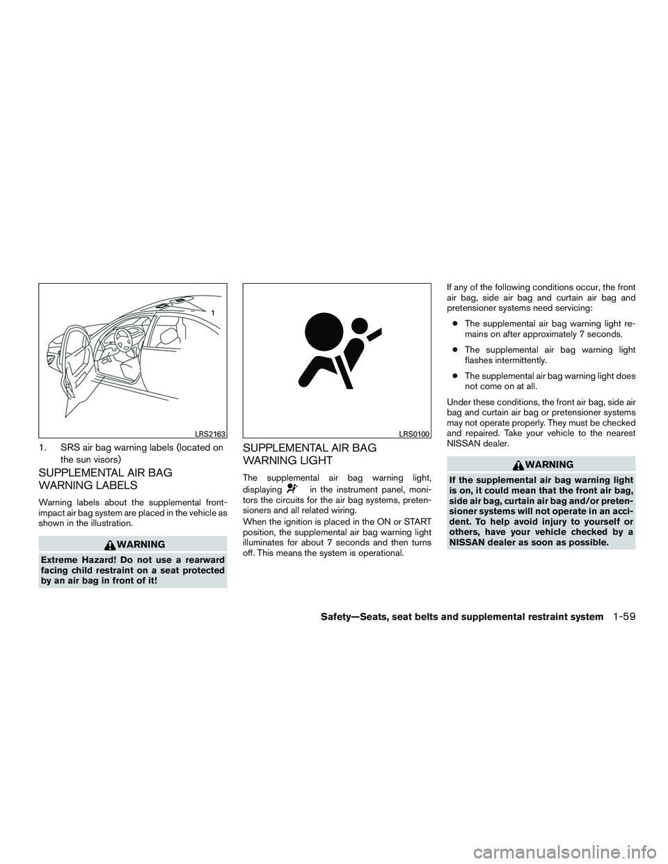 NISSAN ALTIMA SEDAN 2015 Manual PDF 1. SRS air bag warning labels (located onthe sun visors)
SUPPLEMENTAL AIR BAG
WARNING LABELS
Warning labels about the supplemental front-
impact air bag system are placed in the vehicle as
shown in th NISSAN ALTIMA SEDAN 2015 Manual PDF 1. SRS air bag warning labels (located onthe sun visors)
SUPPLEMENTAL AIR BAG
WARNING LABELS
Warning labels about the supplemental front-
impact air bag system are placed in the vehicle as
shown in th
