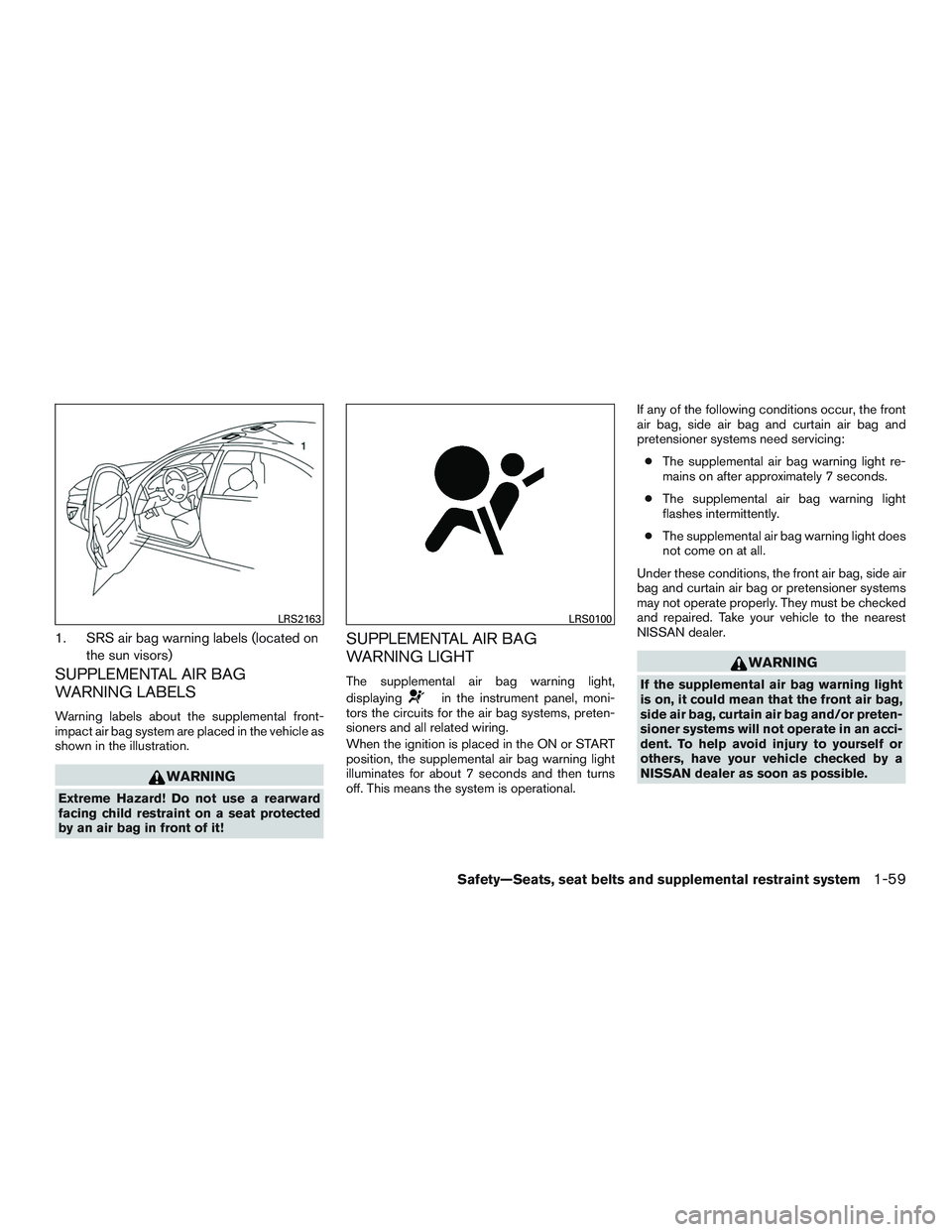 NISSAN ALTIMA SEDAN 2015  Owners Manual 1. SRS air bag warning labels (located onthe sun visors)
SUPPLEMENTAL AIR BAG
WARNING LABELS
Warning labels about the supplemental front-
impact air bag system are placed in the vehicle as
shown in th