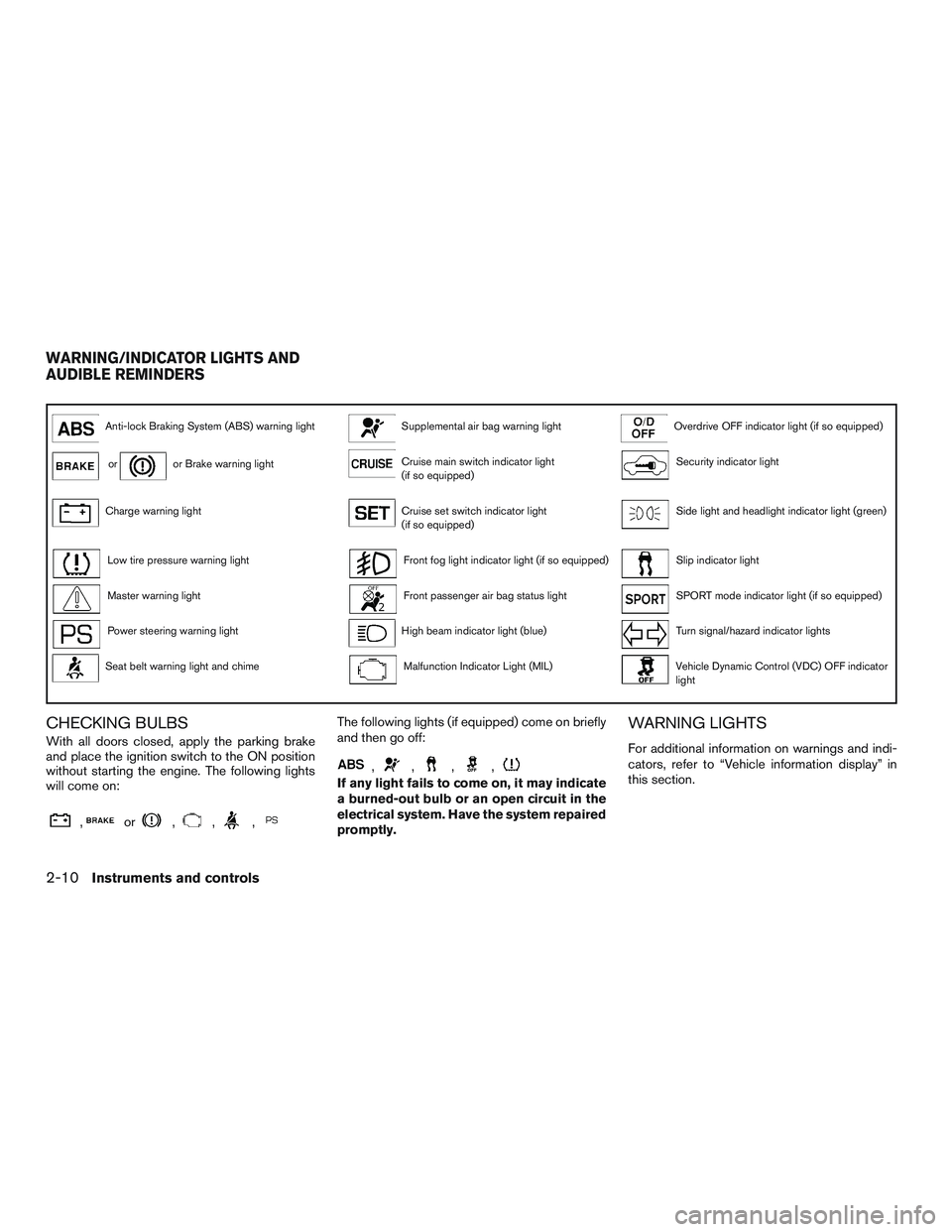 NISSAN ALTIMA SEDAN 2015  Owners Manual Anti-lock Braking System (ABS) warning lightSupplemental air bag warning lightOverdrive OFF indicator light (if so equipped)
oror Brake warning lightCruise main switch indicator light
(if so equipped)