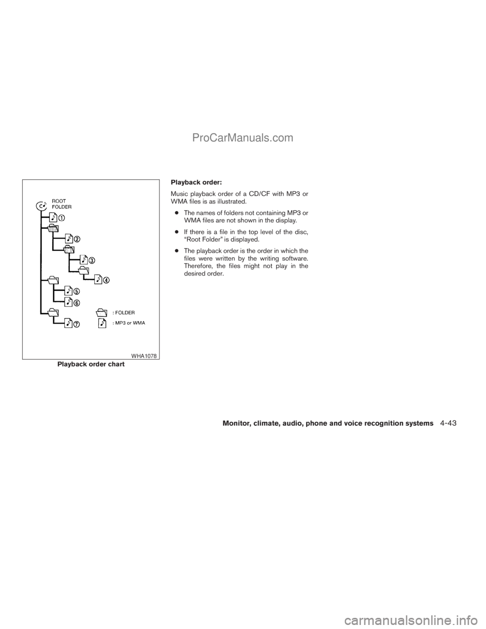 NISSAN ARMADA 2009 Owners Manual Playback order:
Music playback order of a CD/CF with MP3 or
WMA files is as illustrated.
cThe names of folders not containing MP3 or
WMA files are not shown in the display.
cIf there is a file in the NISSAN ARMADA 2009 Owners Manual Playback order:
Music playback order of a CD/CF with MP3 or
WMA files is as illustrated.
cThe names of folders not containing MP3 or
WMA files are not shown in the display.
cIf there is a file in the