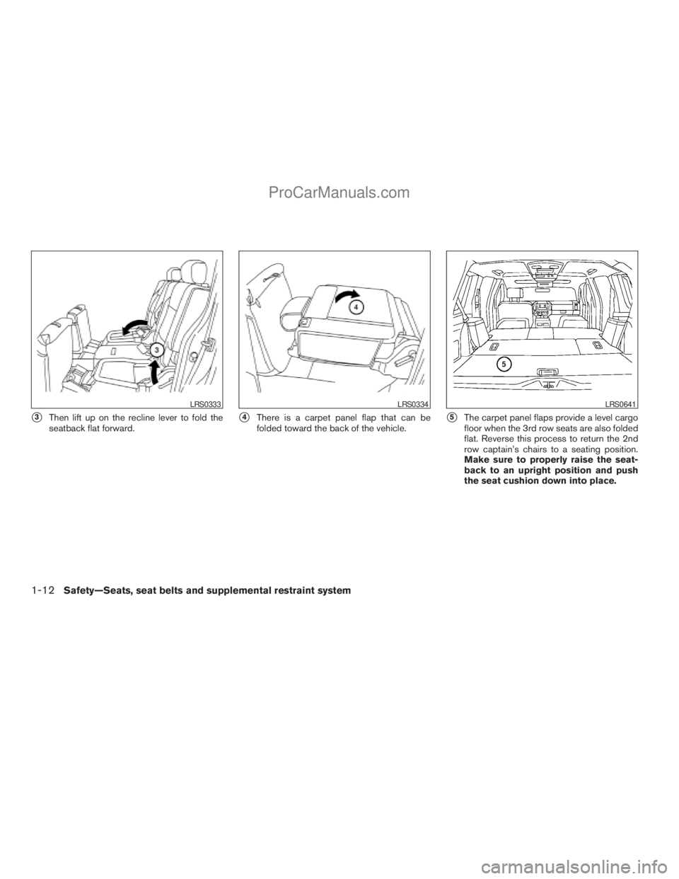 NISSAN ARMADA 2009 Owners Manual s3Then lift up on the recline lever to fold the
seatback flat forward.s4There is a carpet panel flap that can be
folded toward the back of the vehicle.s5The carpet panel flaps provide a level cargo
fl NISSAN ARMADA 2009 Owners Manual s3Then lift up on the recline lever to fold the
seatback flat forward.s4There is a carpet panel flap that can be
folded toward the back of the vehicle.s5The carpet panel flaps provide a level cargo
fl