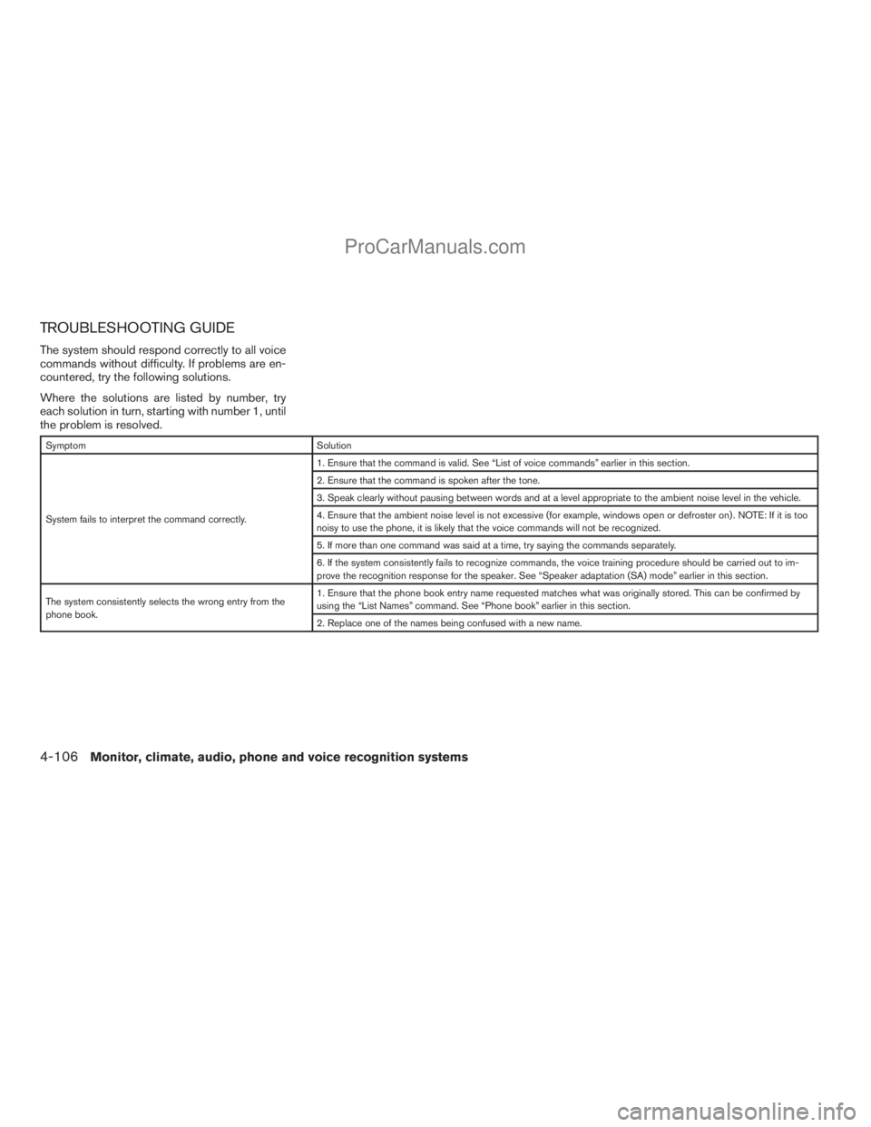 NISSAN ARMADA 2009 Owners Manual TROUBLESHOOTING GUIDE
The system should respond correctly to all voice
commands without difficulty. If problems are en-
countered, try the following solutions.
Where the solutions are listed by number NISSAN ARMADA 2009 Owners Manual TROUBLESHOOTING GUIDE
The system should respond correctly to all voice
commands without difficulty. If problems are en-
countered, try the following solutions.
Where the solutions are listed by number
