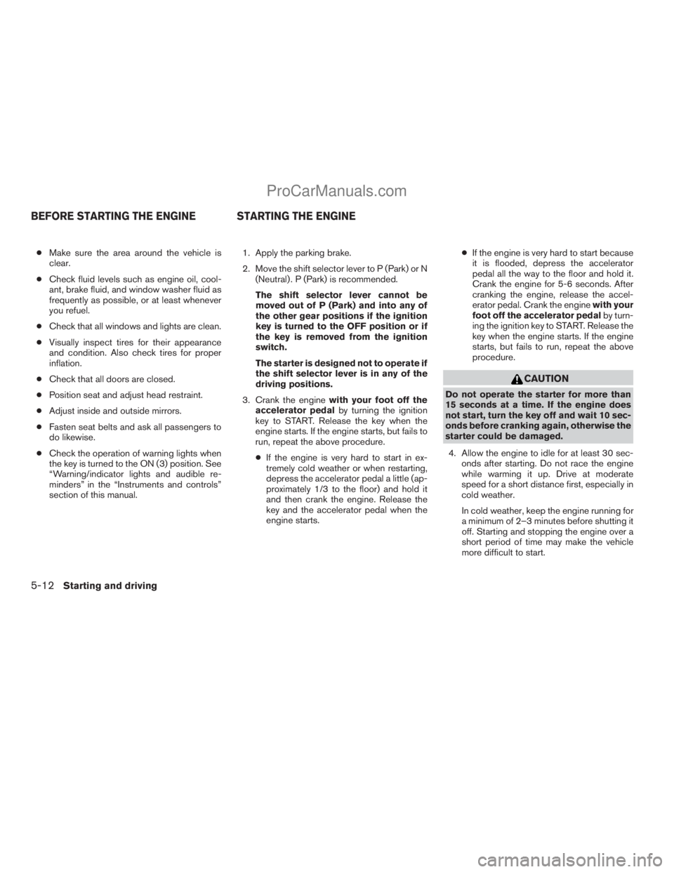 NISSAN ARMADA 2009  Owners Manual cMake sure the area around the vehicle is
clear.
cCheck fluid levels such as engine oil, cool-
ant, brake fluid, and window washer fluid as
frequently as possible, or at least whenever
you refuel.
cCh