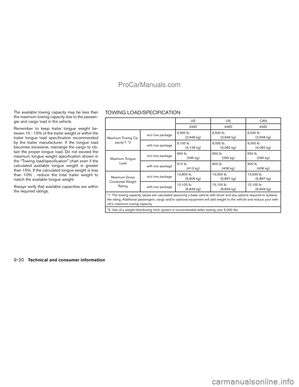 NISSAN ARMADA 2009  Owners Manual The available towing capacity may be less than
the maximum towing capacity due to the passen-
ger and cargo load in the vehicle.
Remember to keep trailer tongue weight be-
tween 10 - 15% of the traile
