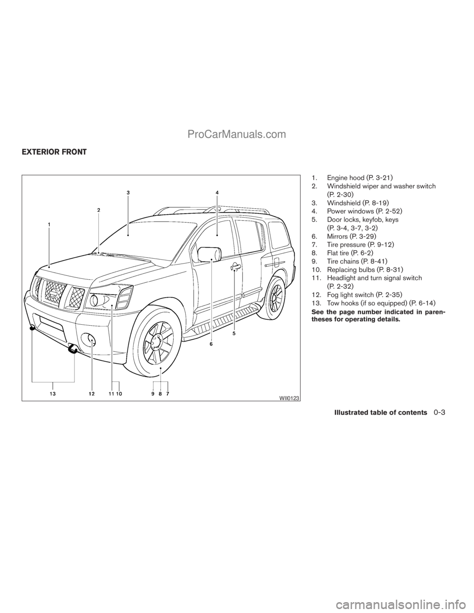 NISSAN ARMADA 2009  Owners Manual 1. Engine hood (P. 3-21)
2. Windshield wiper and washer switch
(P. 2-30)
3. Windshield (P. 8-19)
4. Power windows (P. 2-52)
5. Door locks, keyfob, keys
(P. 3-4, 3-7, 3-2)
6. Mirrors (P. 3-29)
7. Tire 