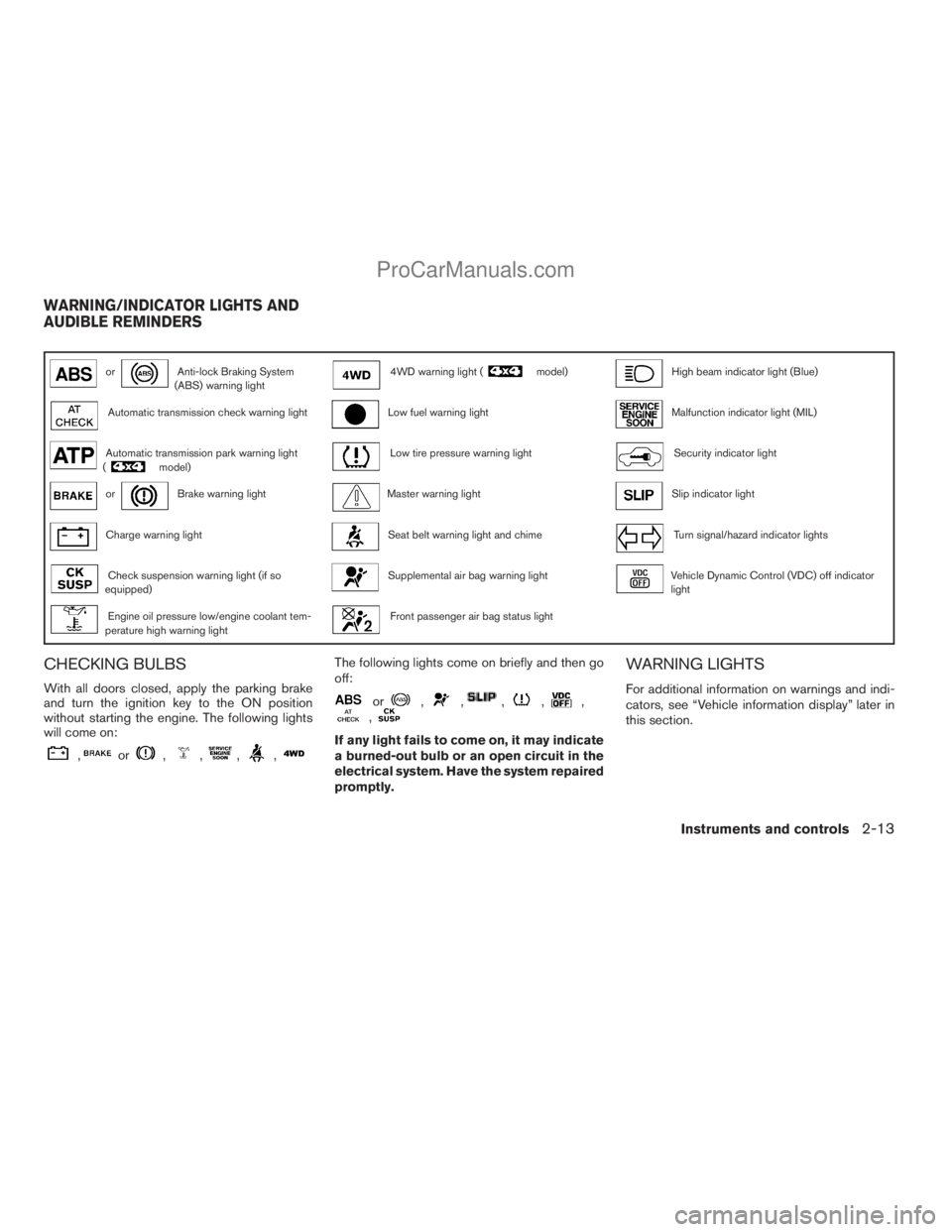 NISSAN ARMADA 2009 Owners Manual orAnti-lock Braking System
(ABS) warning light4WD warning light (model)High beam indicator light (Blue)
Automatic transmission check warning lightLow fuel warning lightMalfunction indicator light (MIL NISSAN ARMADA 2009 Owners Manual orAnti-lock Braking System
(ABS) warning light4WD warning light (model)High beam indicator light (Blue)
Automatic transmission check warning lightLow fuel warning lightMalfunction indicator light (MIL