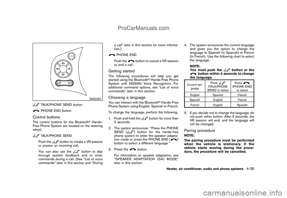 NISSAN CUBE 2009  Owners Manual Black plate (177,1)
Model "Z12-D" EDITED: 2009/ 1/ 28
SAA2351
TALK/PHONE SEND buttonPHONE END button
Control buttonsThe control buttons for the Bluetooth
®Hands-
Free Phone System are located on the 