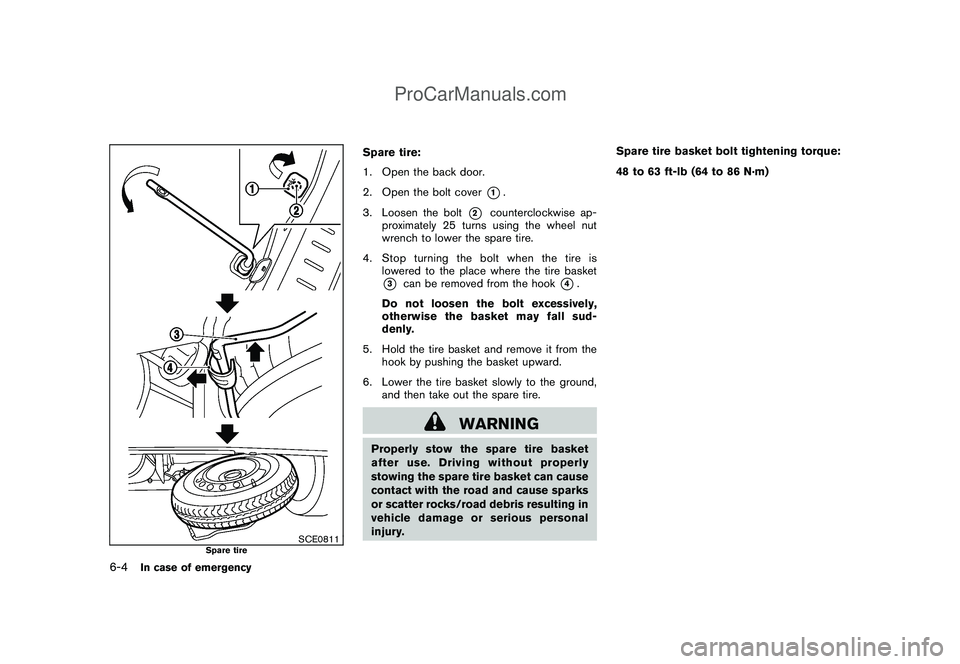 NISSAN CUBE 2009 Owners Manual Black plate (226,1)
Model "Z12-D" EDITED: 2009/ 1/ 28
SCE0811
Spare tire
Spare tire:
1. Open the back door.
2. Open the bolt cover
*1.
3. Loosen the bolt
*2
counterclockwise ap-
proximately 25 turns u NISSAN CUBE 2009 Owners Manual Black plate (226,1)
Model "Z12-D" EDITED: 2009/ 1/ 28
SCE0811
Spare tire
Spare tire:
1. Open the back door.
2. Open the bolt cover
*1.
3. Loosen the bolt
*2
counterclockwise ap-
proximately 25 turns u