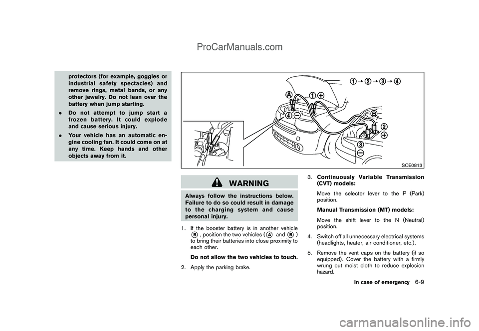 NISSAN CUBE 2009  Owners Manual Black plate (231,1)
Model "Z12-D" EDITED: 2009/ 1/ 28
protectors (for example, goggles or
industrial safetyspectacles) and
remove rings, metal bands, or any
other jewelry. Do not lean over the
battery