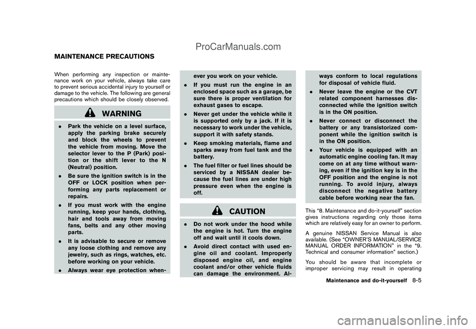 NISSAN CUBE 2009  Owners Manual Black plate (253,1)
Model "Z12-D" EDITED: 2009/ 1/ 28
When performing any inspection or mainte-
nance work on your vehicle, always take care
to prevent serious accidental injury to yourself or
damage 