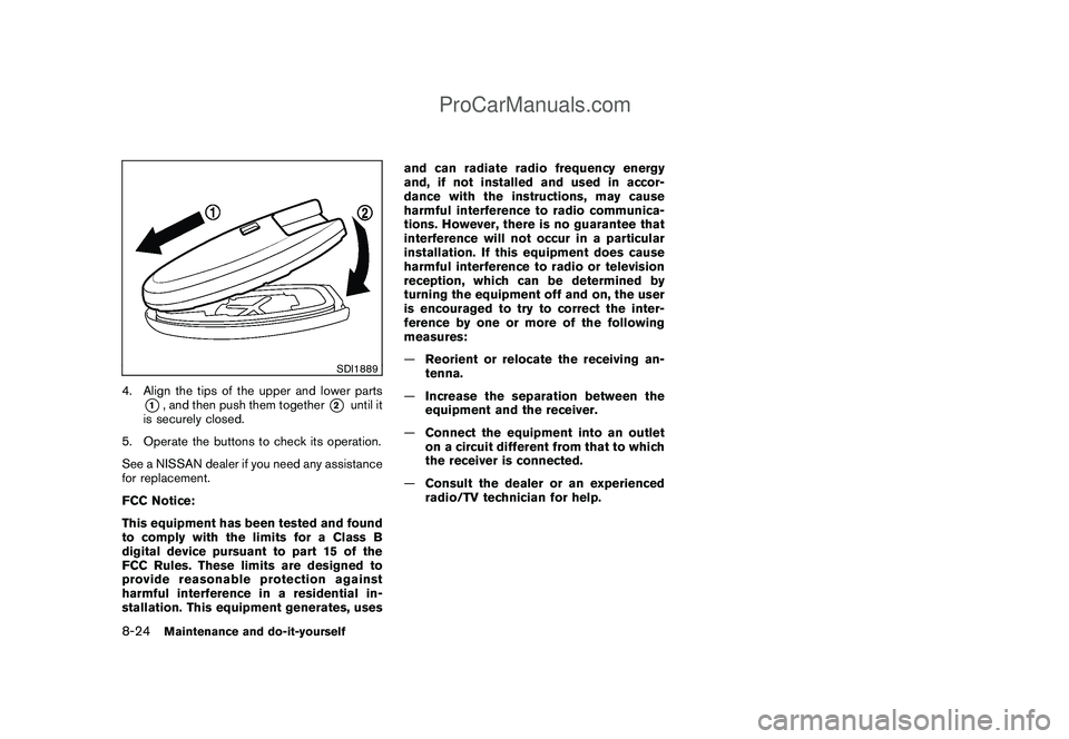 NISSAN CUBE 2009 Owners Manual Black plate (272,1)
Model "Z12-D" EDITED: 2009/ 1/ 28
SDI1889
4. Align the tips of the upper and lower parts
*1, and then push them together
*2
until it
is securely closed.
5. Operate the buttons to c NISSAN CUBE 2009 Owners Manual Black plate (272,1)
Model "Z12-D" EDITED: 2009/ 1/ 28
SDI1889
4. Align the tips of the upper and lower parts
*1, and then push them together
*2
until it
is securely closed.
5. Operate the buttons to c