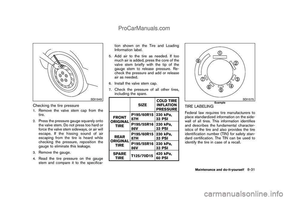NISSAN CUBE 2009 Owners Manual Black plate (279,1)
Model "Z12-D" EDITED: 2009/ 1/ 28
SDI1949
Checking the tire pressure1.
Remove the valve stem cap from the
tire.
2.
Press the pressure gauge squarely onto
the valve stem. Do not pre NISSAN CUBE 2009 Owners Manual Black plate (279,1)
Model "Z12-D" EDITED: 2009/ 1/ 28
SDI1949
Checking the tire pressure1.
Remove the valve stem cap from the
tire.
2.
Press the pressure gauge squarely onto
the valve stem. Do not pre