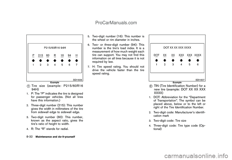 NISSAN CUBE 2009 Owners Manual Black plate (280,1)
Model "Z12-D" EDITED: 2009/ 1/ 28
SDI1606
Example
*1
Tire size (example: P215/60R16
94H)
1.
P: The “P” indicates the tire is designed
for passenger vehicles. (Not all tires
hav NISSAN CUBE 2009 Owners Manual Black plate (280,1)
Model "Z12-D" EDITED: 2009/ 1/ 28
SDI1606
Example
*1
Tire size (example: P215/60R16
94H)
1.
P: The “P” indicates the tire is designed
for passenger vehicles. (Not all tires
hav