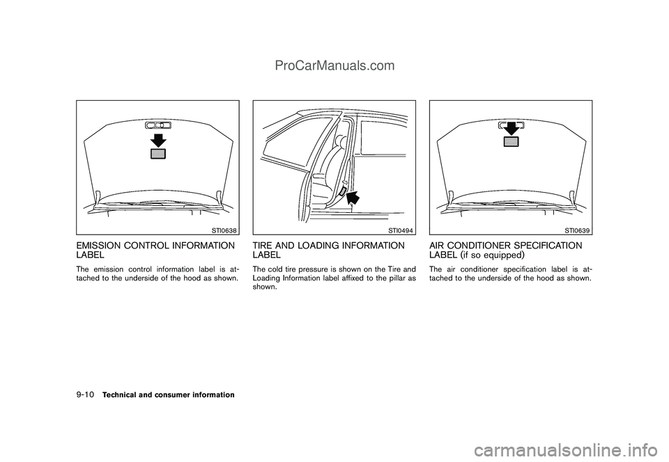 NISSAN CUBE 2009  Owners Manual Black plate (296,1)
Model "Z12-D" EDITED: 2009/ 1/ 28
STI0638
EMISSION CONTROL INFORMATION
LABELThe emission control information label is at-
tached to the underside of the hood as shown.
STI0494
TIRE