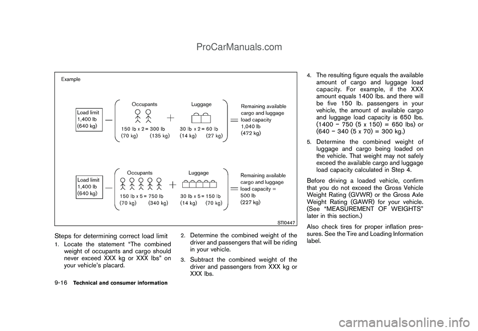 NISSAN CUBE 2009 Owners Manual Black plate (302,1)
Model "Z12-D" EDITED: 2009/ 1/ 28
STI0447
Steps for determining correct load limit1.
Locate the statement “The combined
weight of occupants and cargo should
never exceed XXX kg o NISSAN CUBE 2009 Owners Manual Black plate (302,1)
Model "Z12-D" EDITED: 2009/ 1/ 28
STI0447
Steps for determining correct load limit1.
Locate the statement “The combined
weight of occupants and cargo should
never exceed XXX kg o
