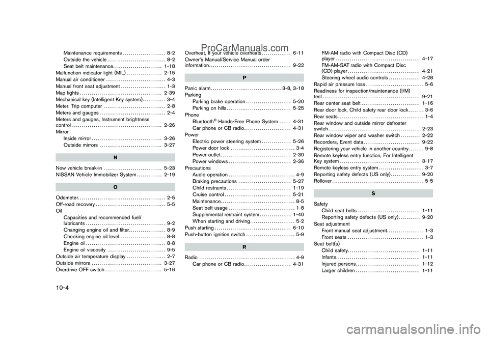 NISSAN CUBE 2009  Owners Manual Black plate (4,1)
10-4
Maintenance requirements...................... 8-2
Outside the vehicle.............................. 8-2
Seat belt maintenance......................... 1-18
Malfunction indicato