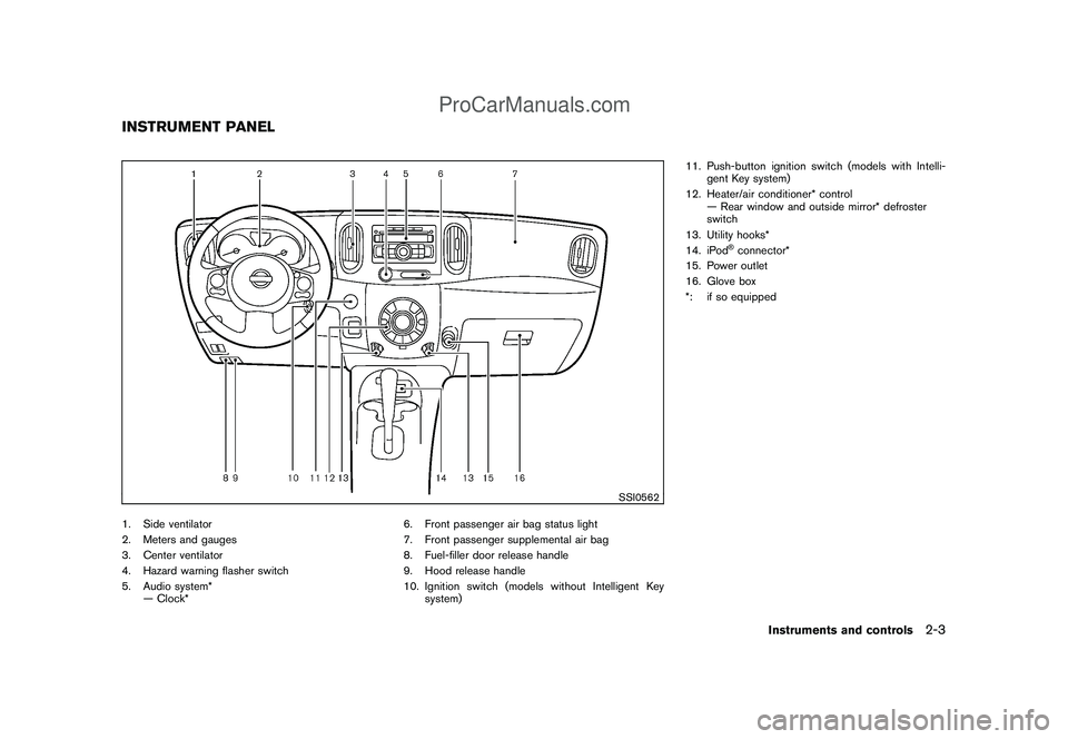 NISSAN CUBE 2009  Owners Manual Black plate (73,1)
Model "Z12-D" EDITED: 2009/ 1/ 28
SSI0562
1. Side ventilator
2. Meters and gauges
3. Center ventilator
4. Hazard warning flasher switch
5. Audio system*
— Clock*6. Front passenger