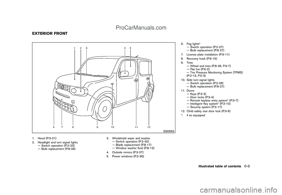 NISSAN CUBE 2009 Owners Manual Black plate (5,1)
Model "Z12-D" EDITED: 2009/ 1/ 28
SSI0559
1. Hood (P.3-21)
2. Headlight and turn signal lights
— Switch operation (P.2-23)
— Bulb replacement (P.8-26)3. Windshield wiper and wash NISSAN CUBE 2009 Owners Manual Black plate (5,1)
Model "Z12-D" EDITED: 2009/ 1/ 28
SSI0559
1. Hood (P.3-21)
2. Headlight and turn signal lights
— Switch operation (P.2-23)
— Bulb replacement (P.8-26)3. Windshield wiper and wash