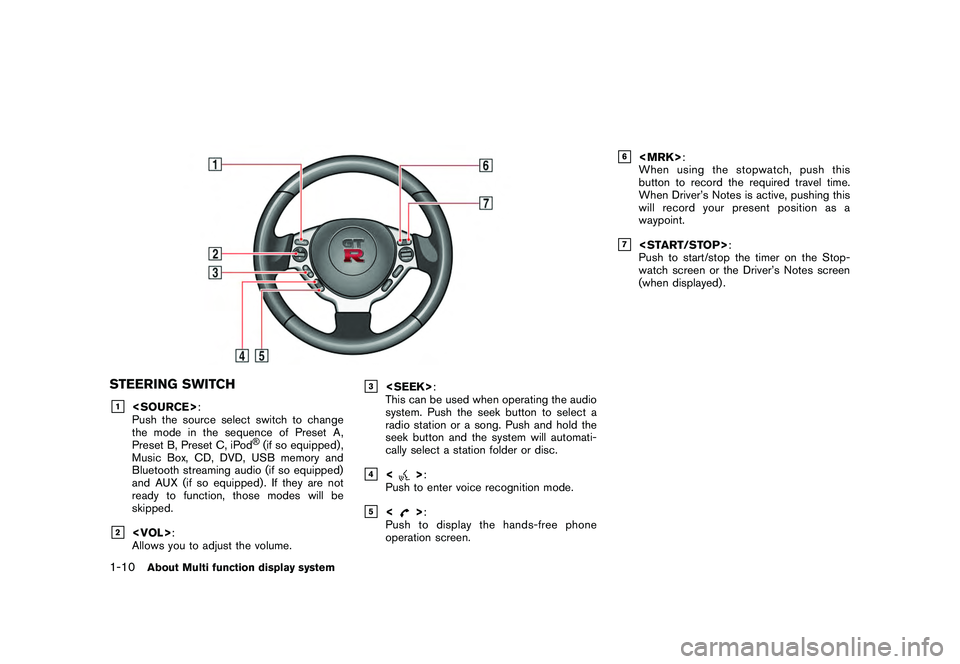NISSAN GT-R 2011 User Guide Black plate (18,1)
Model "R35-N" EDITED: 2009/ 10/ 30
STEERING SWITCH&1
<SOURCE>:
Push the source select switch to change
the mode in the sequence of Preset A,
Preset B, Preset C, iPod
®(if so equipp NISSAN GT-R 2011 User Guide Black plate (18,1)
Model "R35-N" EDITED: 2009/ 10/ 30
STEERING SWITCH&1
<SOURCE>:
Push the source select switch to change
the mode in the sequence of Preset A,
Preset B, Preset C, iPod
®(if so equipp