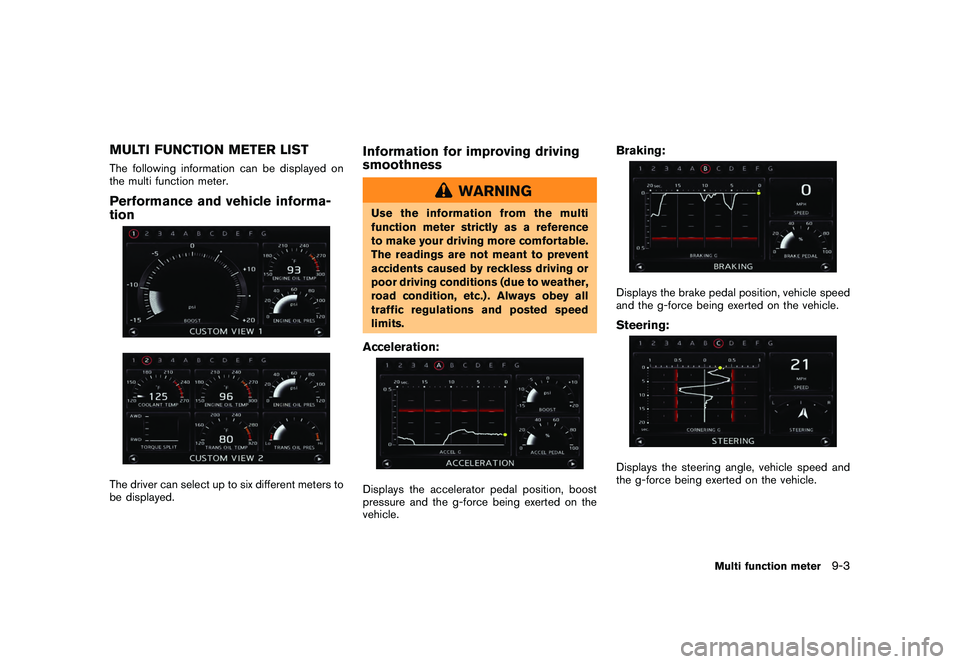 NISSAN GT-R 2011  Owners Manual Black plate (251,1)
Model "R35-N" EDITED: 2009/ 10/ 30
MULTI FUNCTION METER LISTThe following information can be displayed on
the multi function meter.Performance and vehicle informa-
tionThe driver c