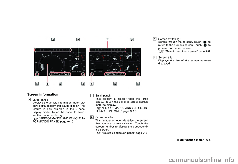 NISSAN GT-R 2011  Owners Manual Black plate (253,1)
Model "R35-N" EDITED: 2009/ 10/ 30
Screen information&1
Large panel:
Displays the vehicle information meter dis-
play, digital display and gauge display. This
feature is only avail