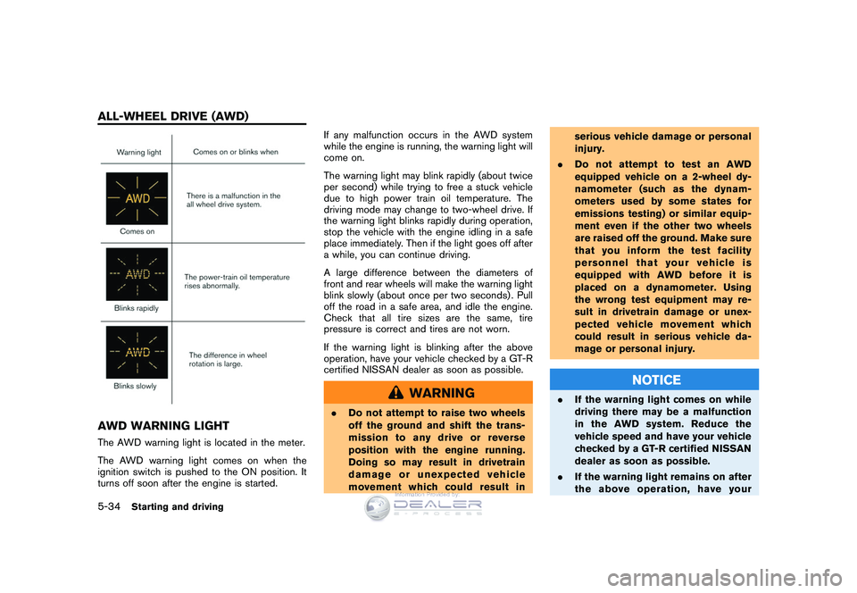 NISSAN GT-R 2009  Owners Manual Black plate (204,1)
Model "R35-D" EDITED: 2008/ 5/ 20
AWD WARNING LIGHTThe AWD warning light is located in the meter.
The AWD warning light comes on when the
ignition switch is pushed to the ON positi