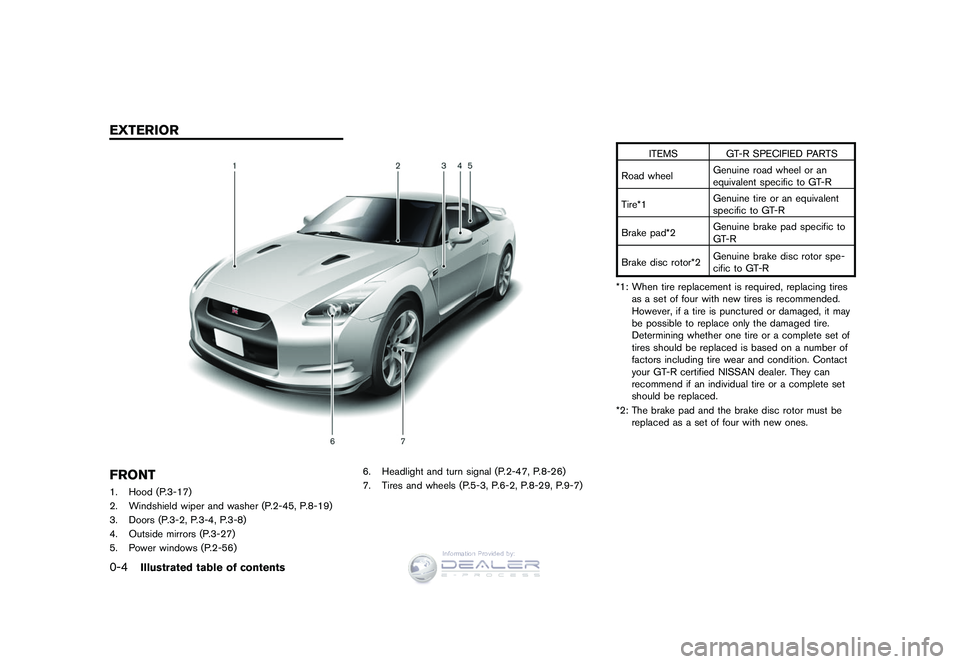 NISSAN GT-R 2009  Owners Manual Black plate (18,1)
Model "R35-D" EDITED: 2008/ 5/ 20
FRONT1. Hood (P.3-17)
2. Windshield wiper and washer (P.2-45, P.8-19)
3. Doors (P.3-2, P.3-4, P.3-8)
4. Outside mirrors (P.3-27)
5. Power windows (