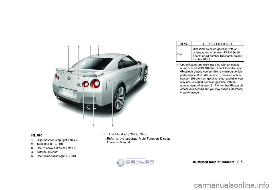 NISSAN GT-R 2009 Owners Manual Black plate (19,1)
Model "R35-D" EDITED: 2008/ 5/ 20
REAR1. High-mounted stop light (P.8-26)
2. Trunk (P.3-8, P.3-19)
3. Rear window defroster (P.2-46)
4. Satellite antenna*
5. Rear combination light 