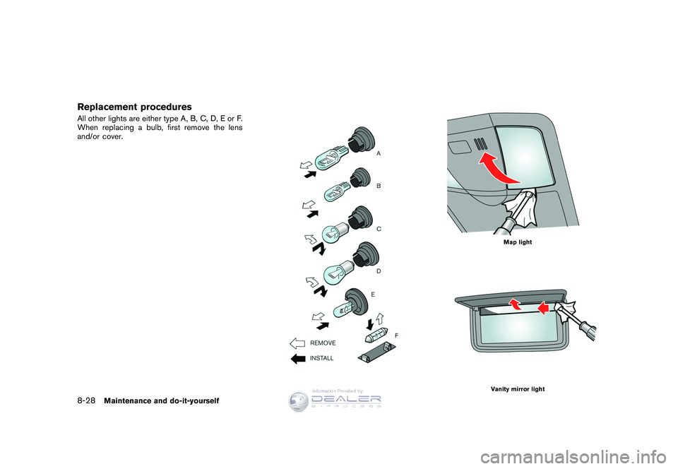 NISSAN GT-R 2009  Owners Manual Black plate (262,1)
Model "R35-D" EDITED: 2008/ 5/ 20
Replacement proceduresAll other lights are either type A, B, C, D, E or F.
When replacing a bulb, first remove the lens
and/or cover.
Map light
Va