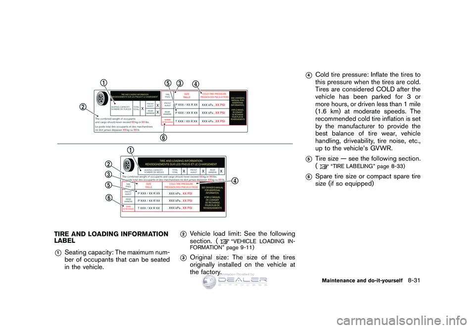 NISSAN GT-R 2009  Owners Manual Black plate (265,1)
Model "R35-D" EDITED: 2008/ 5/ 20
TIRE AND LOADING INFORMATION
LABEL*1
Seating capacity: The maximum num-
ber of occupants that can be seated
in the vehicle.
*2
Vehicle load limit: