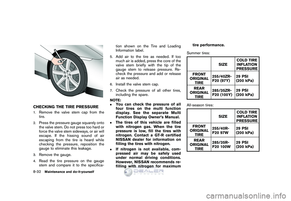 NISSAN GT-R 2009  Owners Manual Black plate (266,1)
Model "R35-D" EDITED: 2008/ 5/ 20
CHECKING THE TIRE PRESSURE1.
Remove the valve stem cap from the
tire.
2.
Press the pressure gauge squarely onto
the valve stem. Do not press too h