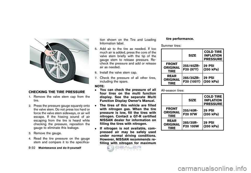 NISSAN GT-R 2009 Owners Manual Black plate (266,1)
Model "R35-D" EDITED: 2008/ 5/ 20
CHECKING THE TIRE PRESSURE1.
Remove the valve stem cap from the
tire.
2.
Press the pressure gauge squarely onto
the valve stem. Do not press too h NISSAN GT-R 2009 Owners Manual Black plate (266,1)
Model "R35-D" EDITED: 2008/ 5/ 20
CHECKING THE TIRE PRESSURE1.
Remove the valve stem cap from the
tire.
2.
Press the pressure gauge squarely onto
the valve stem. Do not press too h