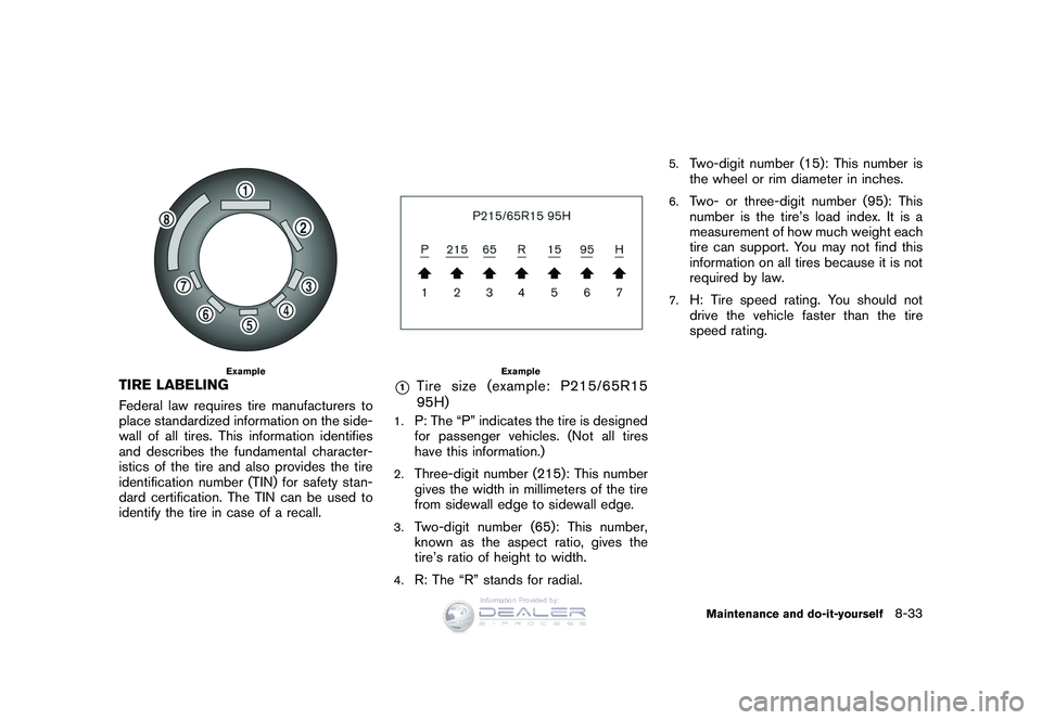 NISSAN GT-R 2009 Owners Manual Black plate (267,1)
Model "R35-D" EDITED: 2008/ 5/ 20
Example
TIRE LABELINGFederal law requires tire manufacturers to
place standardized information on the side-
wall of all tires. This information id NISSAN GT-R 2009 Owners Manual Black plate (267,1)
Model "R35-D" EDITED: 2008/ 5/ 20
Example
TIRE LABELINGFederal law requires tire manufacturers to
place standardized information on the side-
wall of all tires. This information id