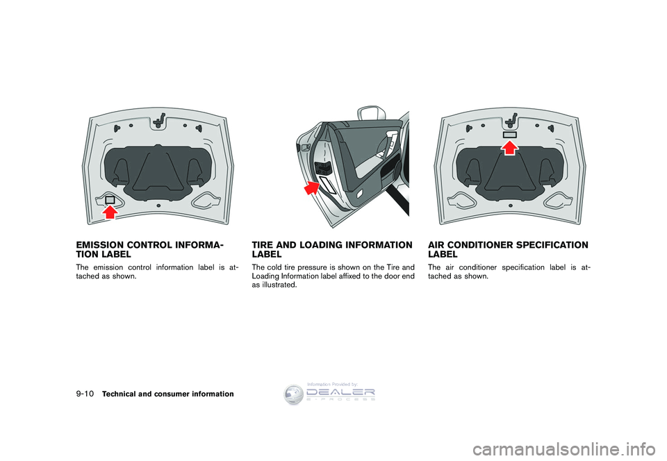 NISSAN GT-R 2009  Owners Manual Black plate (288,1)
Model "R35-D" EDITED: 2008/ 5/ 20
EMISSION CONTROL INFORMA-
TION LABELThe emission control information label is at-
tached as shown.
TIRE AND LOADING INFORMATION
LABELThe cold tire