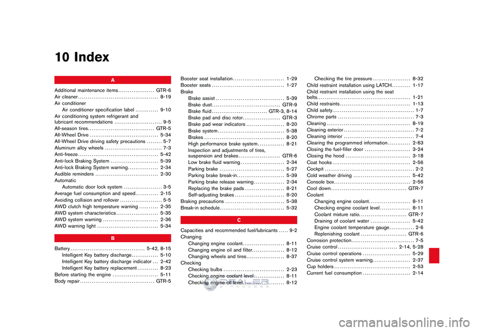 NISSAN GT-R 2009  Owners Manual Black plate (1,1)
10 Index
A
Additional maintenance items ................... GTR-6
Air cleaner .......................................... 8-19
Air conditioner Air conditioner specification label ....