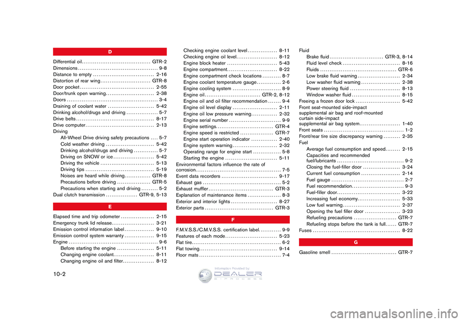 NISSAN GT-R 2009  Owners Manual Black plate (2,1)
10-2
D
Differential oil ..................................... GTR-2
Dimensions ........................................... 9-8
Distance to empty ................................. 2-1