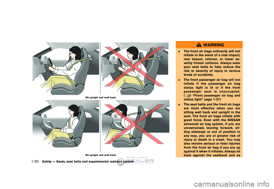 NISSAN GT-R 2009  Owners Manual Black plate (58,1)
Model "R35-D" EDITED: 2008/ 5/ 20
Sit upright and well back.Sit upright and well back.
WARNING
.The front air bags ordinarily will not
inflate in the event of a side impact,
rear im