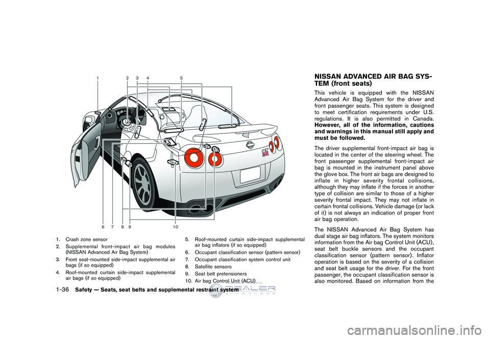 NISSAN GT-R 2009  Owners Manual Black plate (62,1)
Model "R35-D" EDITED: 2008/ 5/ 20
1. Crash zone sensor
2. Supplemental front-impact air bag modules(NISSAN Advanced Air Bag System)
3. Front seat-mounted side-impact supplemental ai