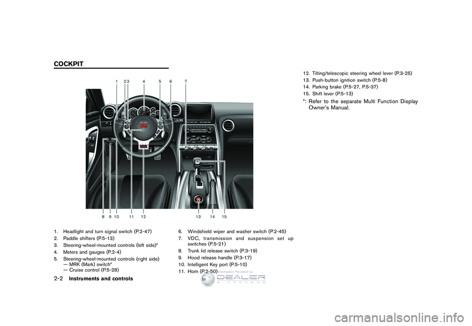 NISSAN GT-R 2009  Owners Manual Black plate (74,1)
Model "R35-D" EDITED: 2008/ 5/ 20
1. Headlight and turn signal switch (P.2-47)
2. Paddle shifters (P.5-13)
3. Steering-wheel-mounted controls (left side)*
4. Meters and gauges (P.2-