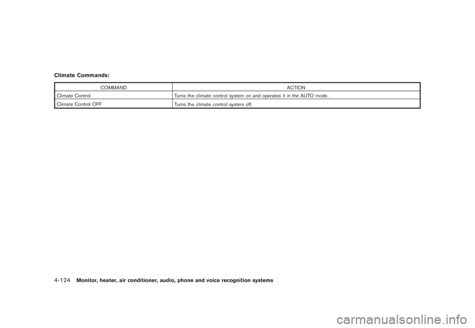 NISSAN MURANO 2008  Owners Manual Black plate (286,1)
Model "Z51-D" EDITED: 2008/ 6/ 26
Climate Commands:
COMMAND ACTION
Climate Control Turns the climate control system on and operates it in the AUTO mode.
Climate Control OFF
Turns t