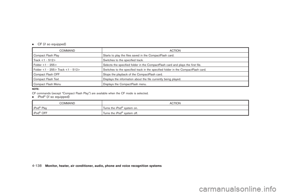 NISSAN MURANO 2008 Owners Manual Black plate (300,1)
Model "Z51-D" EDITED: 2008/ 6/ 26
.CF (if so equipped)
COMMAND ACTION
Compact Flash Play Starts to play the files saved in the CompactFlash card.
Track <1 - 512> Switches to the sp NISSAN MURANO 2008 Owners Manual Black plate (300,1)
Model "Z51-D" EDITED: 2008/ 6/ 26
.CF (if so equipped)
COMMAND ACTION
Compact Flash Play Starts to play the files saved in the CompactFlash card.
Track <1 - 512> Switches to the sp