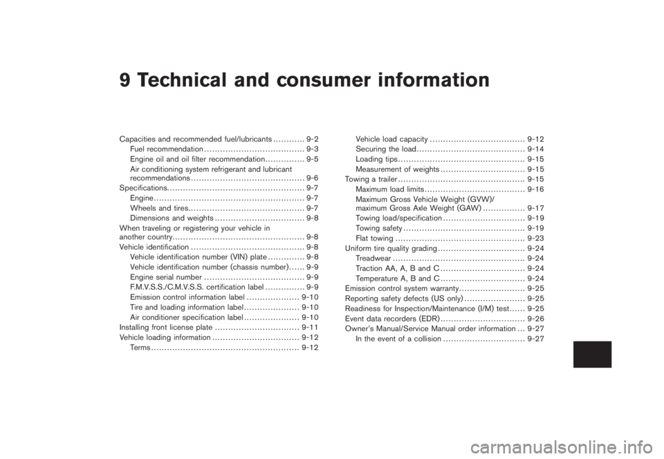NISSAN MURANO 2008 Owners Manual Black plate (28,1)
9 Technical and consumer information
Model "Z51-D" EDITED: 2008/ 6/ 23
Capacities and recommended fuel/lubricants............ 9-2
Fuel recommendation................................ NISSAN MURANO 2008 Owners Manual Black plate (28,1)
9 Technical and consumer information
Model "Z51-D" EDITED: 2008/ 6/ 23
Capacities and recommended fuel/lubricants............ 9-2
Fuel recommendation................................