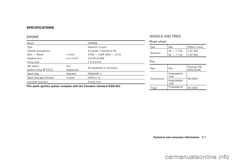 NISSAN MURANO 2008 Owners Manual Black plate (413,1)
Model "Z51-D" EDITED: 2008/ 6/ 26
ENGINEModel VQ35DE
Type Gasoline, 4-cycle
Cylinder arrangement 6-cylinder, V-slanted at 608
Bore6Stroke in (mm) 3.76063.205 (95.5681.4)
Displaceme NISSAN MURANO 2008 Owners Manual Black plate (413,1)
Model "Z51-D" EDITED: 2008/ 6/ 26
ENGINEModel VQ35DE
Type Gasoline, 4-cycle
Cylinder arrangement 6-cylinder, V-slanted at 608
Bore6Stroke in (mm) 3.76063.205 (95.5681.4)
Displaceme