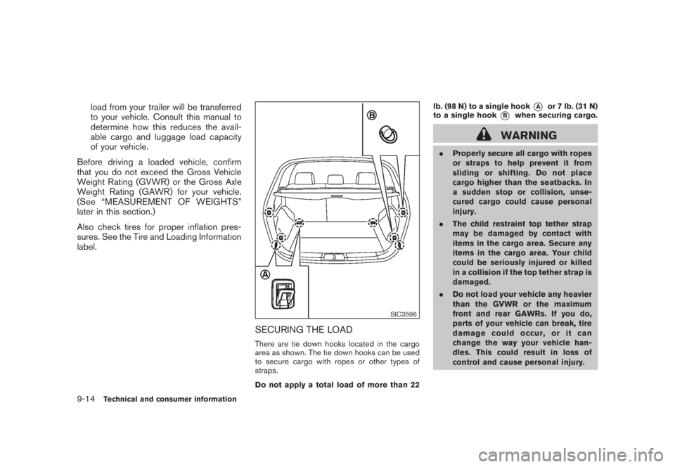 NISSAN MURANO 2008 Owners Manual Black plate (420,1)
Model "Z51-D" EDITED: 2008/ 6/ 26
load from your trailer will be transferred
to your vehicle. Consult this manual to
determine how this reduces the avail-
able cargo and luggage lo NISSAN MURANO 2008 Owners Manual Black plate (420,1)
Model "Z51-D" EDITED: 2008/ 6/ 26
load from your trailer will be transferred
to your vehicle. Consult this manual to
determine how this reduces the avail-
able cargo and luggage lo